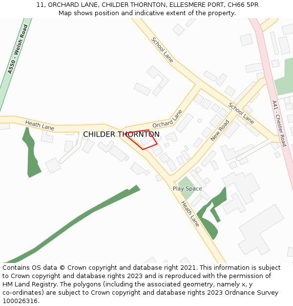 11, ORCHARD LANE, CHILDER THORNTON, ELLESMERE PORT, CH66 5PR: Location map and indicative extent of plot