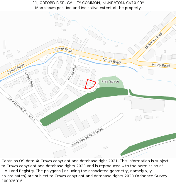 11, ORFORD RISE, GALLEY COMMON, NUNEATON, CV10 9RY: Location map and indicative extent of plot