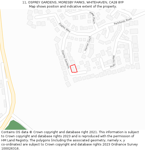 11, OSPREY GARDENS, MORESBY PARKS, WHITEHAVEN, CA28 8YP: Location map and indicative extent of plot