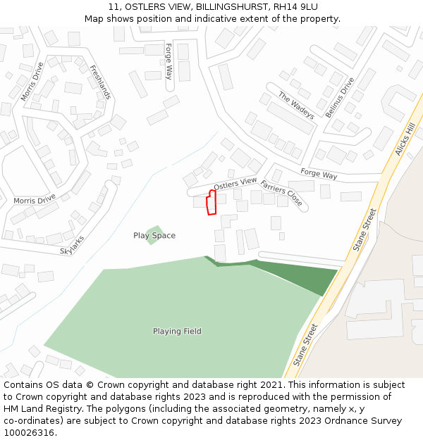 11, OSTLERS VIEW, BILLINGSHURST, RH14 9LU: Location map and indicative extent of plot