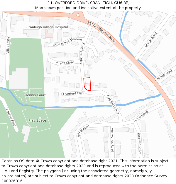 11, OVERFORD DRIVE, CRANLEIGH, GU6 8BJ: Location map and indicative extent of plot