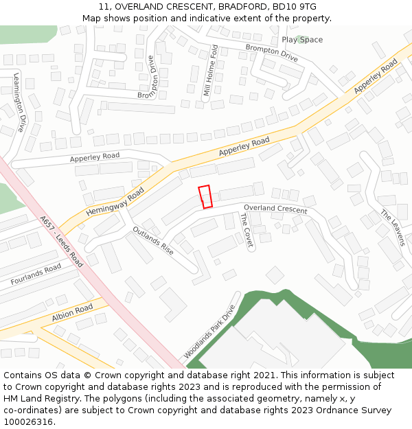 11, OVERLAND CRESCENT, BRADFORD, BD10 9TG: Location map and indicative extent of plot