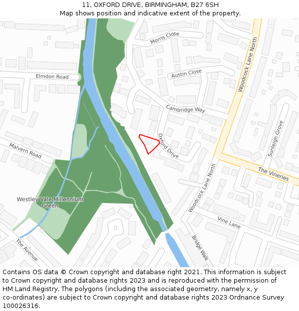 11, OXFORD DRIVE, BIRMINGHAM, B27 6SH: Location map and indicative extent of plot