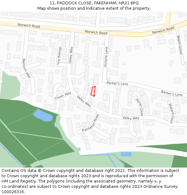 11, PADDOCK CLOSE, FAKENHAM, NR21 8PQ: Location map and indicative extent of plot