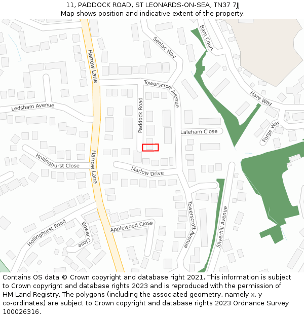 11, PADDOCK ROAD, ST LEONARDS-ON-SEA, TN37 7JJ: Location map and indicative extent of plot