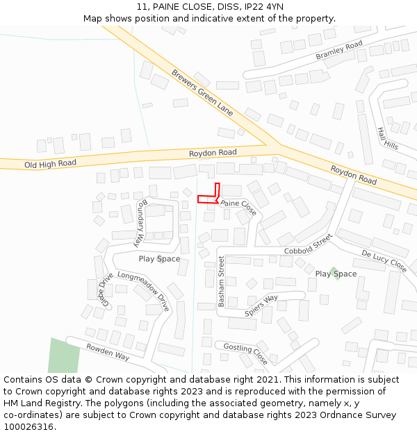 11, PAINE CLOSE, DISS, IP22 4YN: Location map and indicative extent of plot