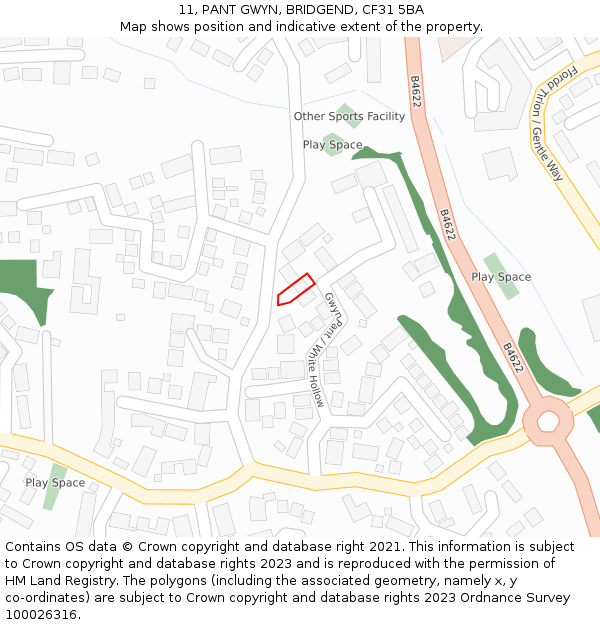 11, PANT GWYN, BRIDGEND, CF31 5BA: Location map and indicative extent of plot