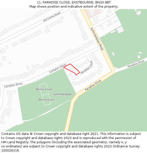 11, PARADISE CLOSE, EASTBOURNE, BN20 8BT: Location map and indicative extent of plot