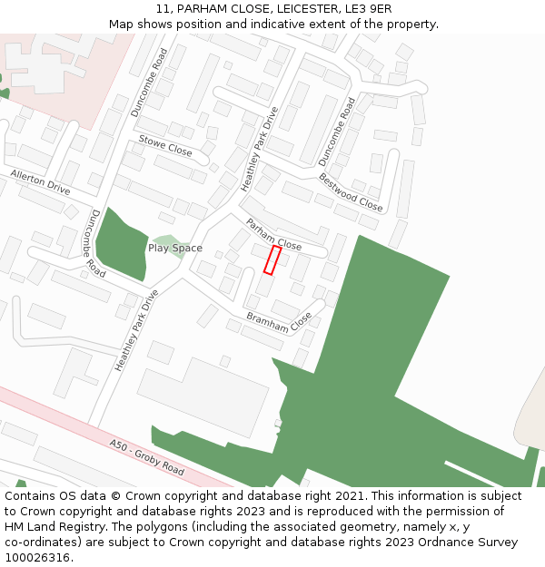 11, PARHAM CLOSE, LEICESTER, LE3 9ER: Location map and indicative extent of plot