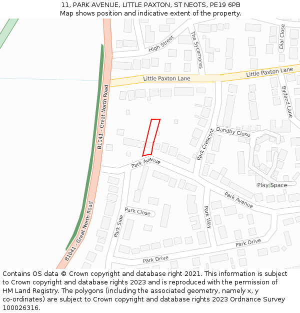 11, PARK AVENUE, LITTLE PAXTON, ST NEOTS, PE19 6PB: Location map and indicative extent of plot