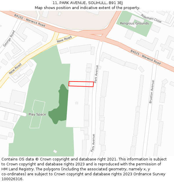 11, PARK AVENUE, SOLIHULL, B91 3EJ: Location map and indicative extent of plot