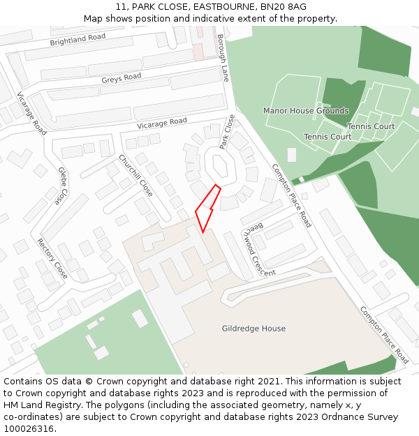 11, PARK CLOSE, EASTBOURNE, BN20 8AG: Location map and indicative extent of plot