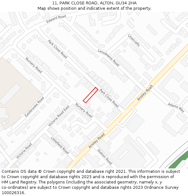 11, PARK CLOSE ROAD, ALTON, GU34 2HA: Location map and indicative extent of plot