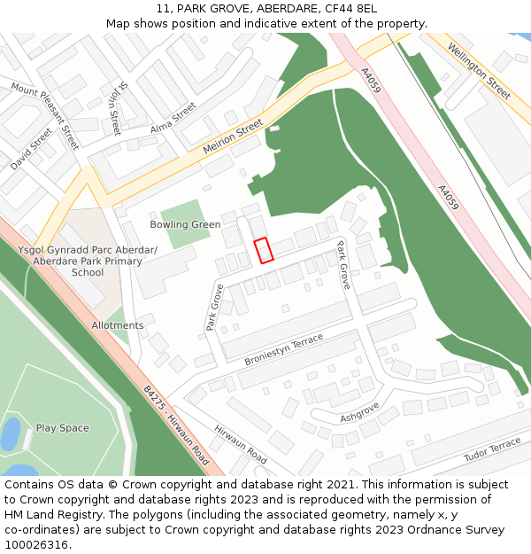 11, PARK GROVE, ABERDARE, CF44 8EL: Location map and indicative extent of plot