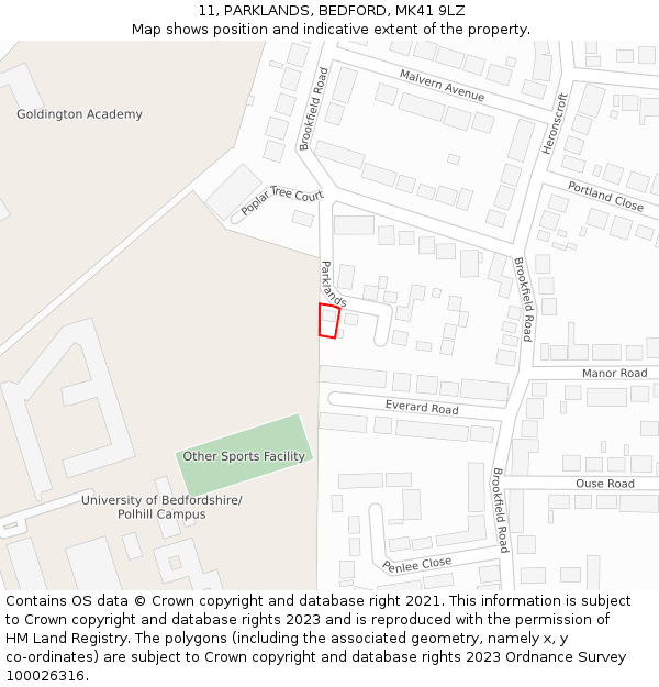 11, PARKLANDS, BEDFORD, MK41 9LZ: Location map and indicative extent of plot