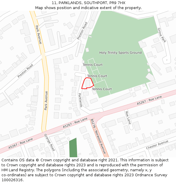 11, PARKLANDS, SOUTHPORT, PR9 7HX: Location map and indicative extent of plot