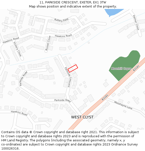 11, PARKSIDE CRESCENT, EXETER, EX1 3TW: Location map and indicative extent of plot