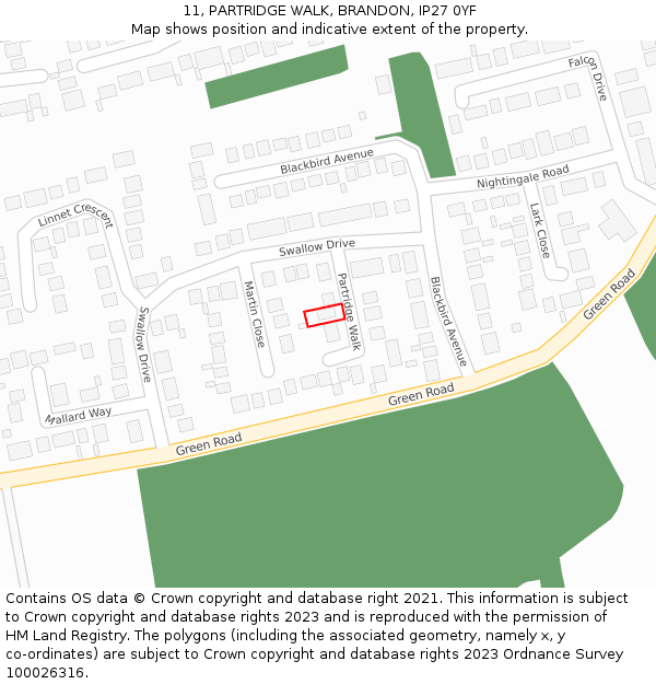 11, PARTRIDGE WALK, BRANDON, IP27 0YF: Location map and indicative extent of plot