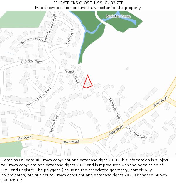 11, PATRICKS CLOSE, LISS, GU33 7ER: Location map and indicative extent of plot