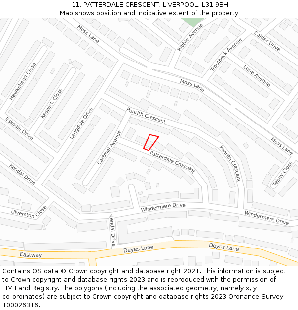 11, PATTERDALE CRESCENT, LIVERPOOL, L31 9BH: Location map and indicative extent of plot
