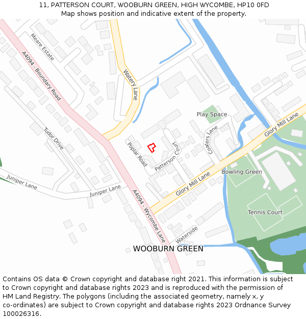 11, PATTERSON COURT, WOOBURN GREEN, HIGH WYCOMBE, HP10 0FD: Location map and indicative extent of plot