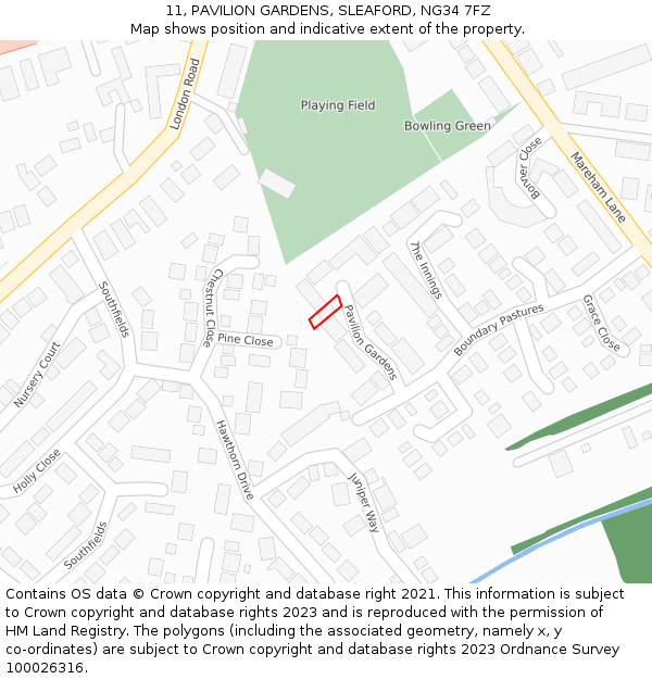 11, PAVILION GARDENS, SLEAFORD, NG34 7FZ: Location map and indicative extent of plot