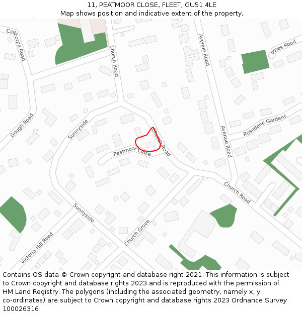 11, PEATMOOR CLOSE, FLEET, GU51 4LE: Location map and indicative extent of plot