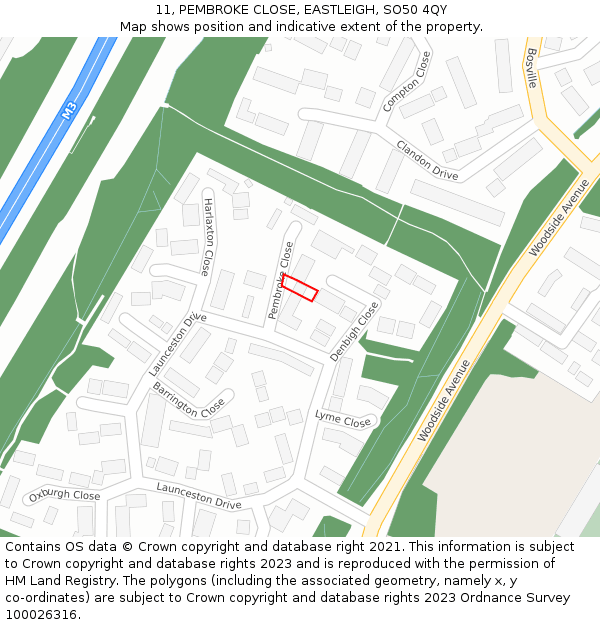 11, PEMBROKE CLOSE, EASTLEIGH, SO50 4QY: Location map and indicative extent of plot