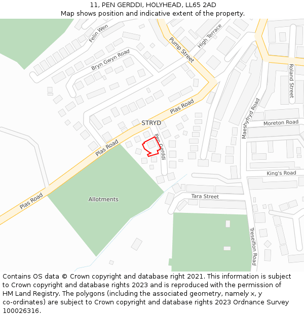 11, PEN GERDDI, HOLYHEAD, LL65 2AD: Location map and indicative extent of plot