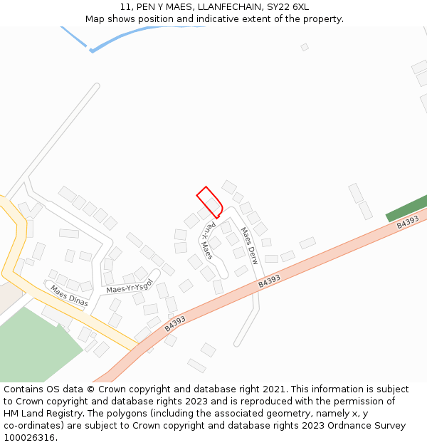 11, PEN Y MAES, LLANFECHAIN, SY22 6XL: Location map and indicative extent of plot