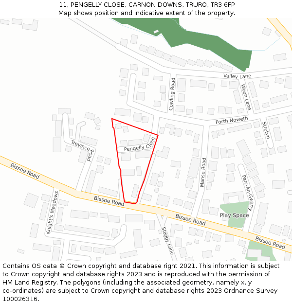 11, PENGELLY CLOSE, CARNON DOWNS, TRURO, TR3 6FP: Location map and indicative extent of plot