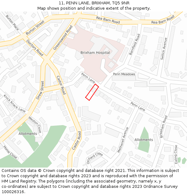 11, PENN LANE, BRIXHAM, TQ5 9NR: Location map and indicative extent of plot