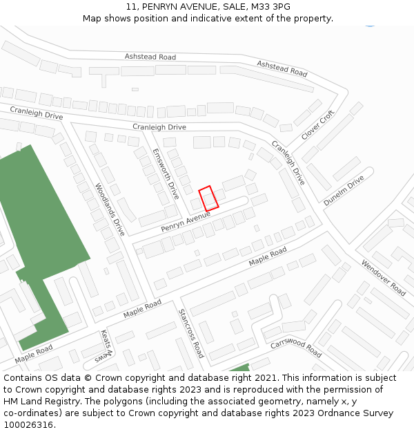 11, PENRYN AVENUE, SALE, M33 3PG: Location map and indicative extent of plot