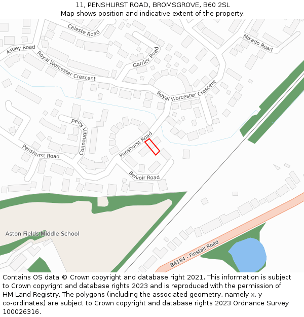 11, PENSHURST ROAD, BROMSGROVE, B60 2SL: Location map and indicative extent of plot