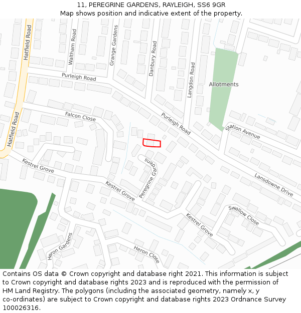 11, PEREGRINE GARDENS, RAYLEIGH, SS6 9GR: Location map and indicative extent of plot