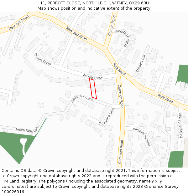 11, PERROTT CLOSE, NORTH LEIGH, WITNEY, OX29 6RU: Location map and indicative extent of plot