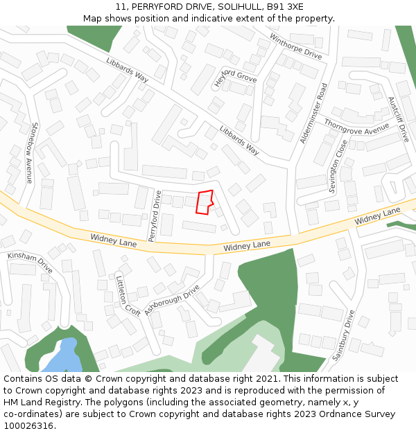 11, PERRYFORD DRIVE, SOLIHULL, B91 3XE: Location map and indicative extent of plot