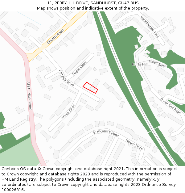 11, PERRYHILL DRIVE, SANDHURST, GU47 8HS: Location map and indicative extent of plot