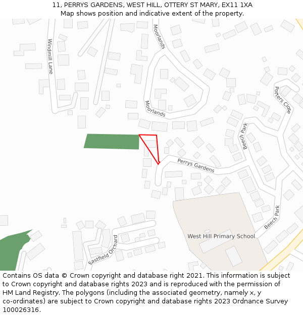 11, PERRYS GARDENS, WEST HILL, OTTERY ST MARY, EX11 1XA: Location map and indicative extent of plot