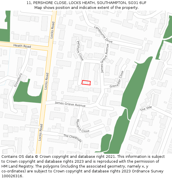 11, PERSHORE CLOSE, LOCKS HEATH, SOUTHAMPTON, SO31 6UF: Location map and indicative extent of plot