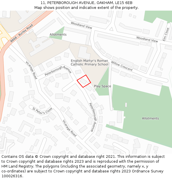 11, PETERBOROUGH AVENUE, OAKHAM, LE15 6EB: Location map and indicative extent of plot