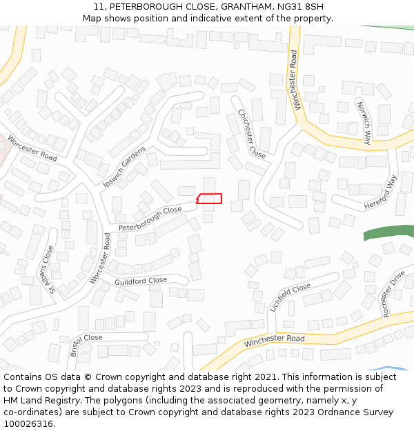 11, PETERBOROUGH CLOSE, GRANTHAM, NG31 8SH: Location map and indicative extent of plot