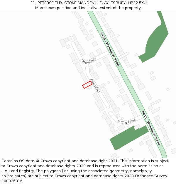 11, PETERSFIELD, STOKE MANDEVILLE, AYLESBURY, HP22 5XU: Location map and indicative extent of plot