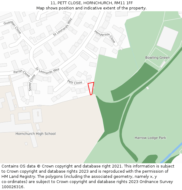 11, PETT CLOSE, HORNCHURCH, RM11 1FF: Location map and indicative extent of plot