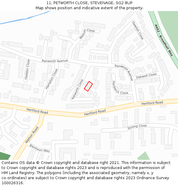 11, PETWORTH CLOSE, STEVENAGE, SG2 8UP: Location map and indicative extent of plot