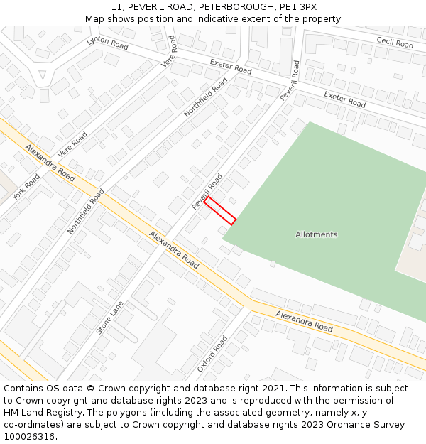 11, PEVERIL ROAD, PETERBOROUGH, PE1 3PX: Location map and indicative extent of plot