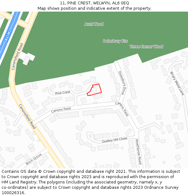 11, PINE CREST, WELWYN, AL6 0EQ: Location map and indicative extent of plot