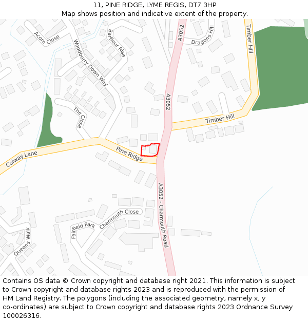 11, PINE RIDGE, LYME REGIS, DT7 3HP: Location map and indicative extent of plot