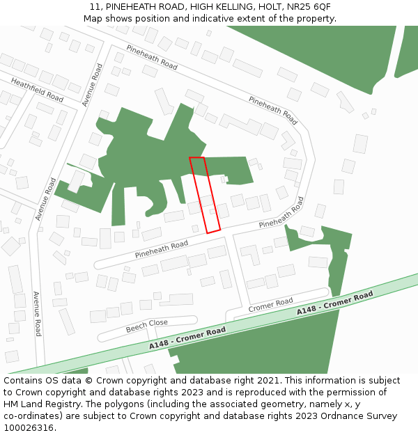 11, PINEHEATH ROAD, HIGH KELLING, HOLT, NR25 6QF: Location map and indicative extent of plot