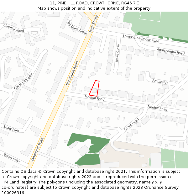 11, PINEHILL ROAD, CROWTHORNE, RG45 7JE: Location map and indicative extent of plot